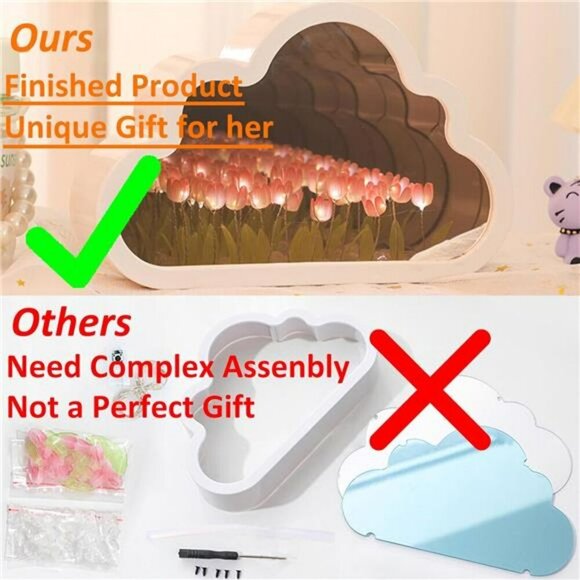 Tulip Cloud Mirror Night Light Pink Table Lamp Bedroom Decor Gift for Girls - Picture 3 of 8